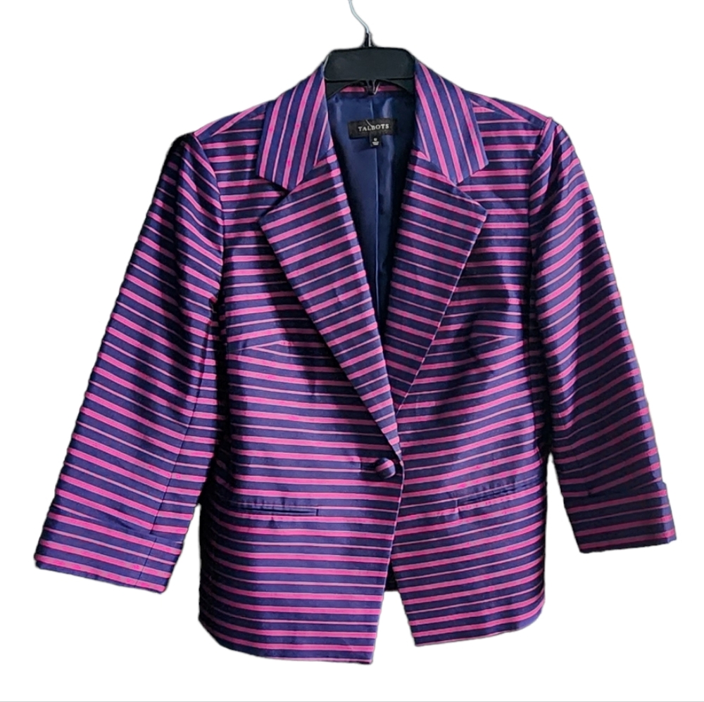 Talbot's Navy and Magenta Striped Blazer with Three-Quarter Sleeves